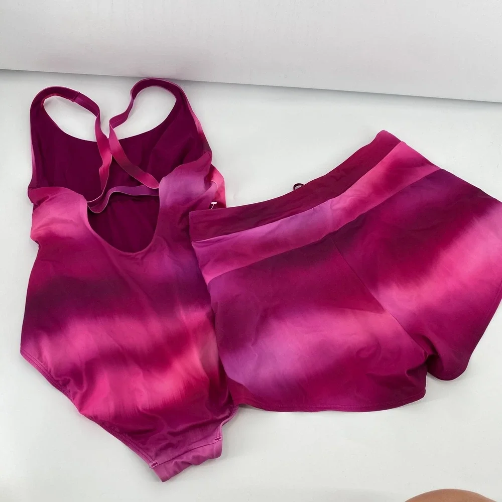 Athleta Swimsuit Set Womens Medium Pink Ombre One Piece & Swim Shorts